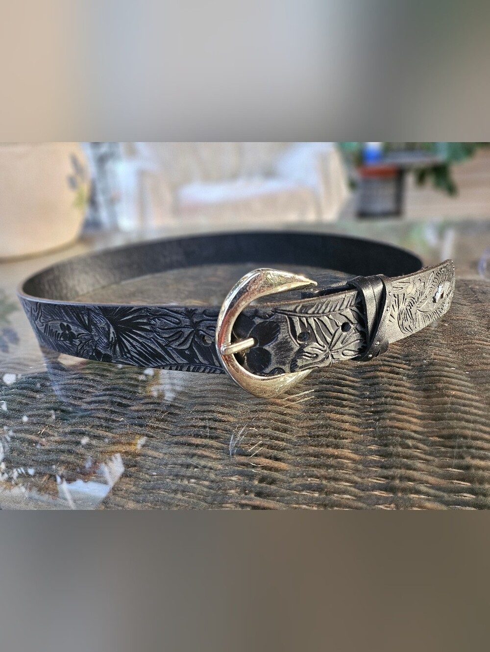 Velez Columbia Tooled Tropical Black Leather Belt with Curved Silver Buckle M